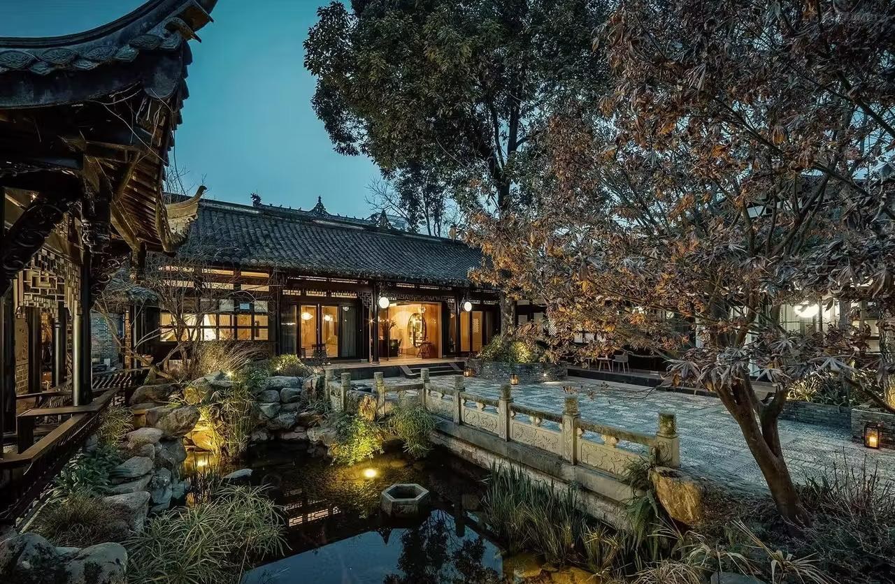 庭院锦鲤池与叠石夜景