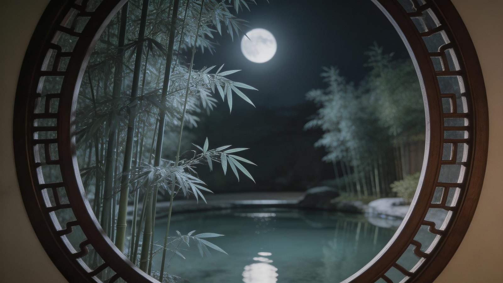圆窗竹影与月色